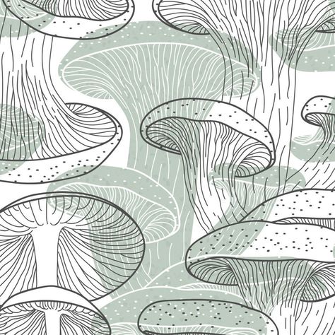 Mushroom Pattern Illustration, Mushroom Pattern Design, Mushroom Line Art, Mushroom Patterns, Mushroom Prints, Vintage Line Art, Mushrooms Pattern, Line Drawing Illustration, Whale Illustration