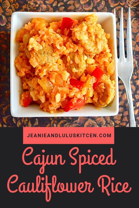 This is such a fantastic and simple one pan cajun spiced cauliflower rice loaded with lean chicken sausages, peppers and onion! Low carb and very flavorful. #cajun #cauliflowerrice #lowcarb #cajunspicedcauliflowerrice #jeanieandluluskitchen.com Chicken Sausages, Dinner Recipes Healthy Family, Spiced Cauliflower, Roasted Garlic Chicken, Lean Chicken, Frozen Cauliflower Rice, One Pan, Easy Vegetarian, Fine Food