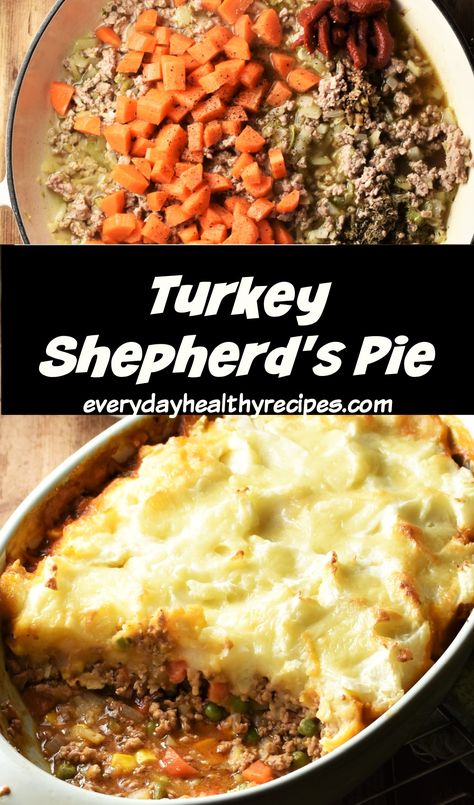 Cooking vegetables for shepherd's pie in large pan and side view of finished dish. Healthy Turkey Shepards Pie, Healthy Cottage Pie, Turkey Shepherd's Pie, Turkey Shepherds Pie Recipe Easy, Shepherds Pie Ground Turkey, Shepherds Pie With Ground Turkey, Ground Turkey Shepards Pie Recipe, Healthier Shepherds Pie Recipe, Shepards Pie Recipe Easy Ground Turkey