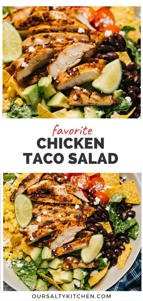 Chicken Taco Salad is an easy, flavorful dinner salad that packs big flavor into every bite. Top a crisp bed of greens with zesty seasoned chicken plus traditional taco favorites like tomato, avocado, cheese, black beans and corn. Use boneless skinless chicken thighs or breasts, baked or grilled. It's also perfect for meal prep, so Taco Tuesdays can last all week if you want it to! Grilled Chicken Salad Recipes Easy, Tex Mex Chicken Salad, Salads Chicken, Salad Calories, Tex Mex Salad, Braised Chicken Breast, Tex Mex Chicken, Chicken Taco Salad, Weekly Menu Plan