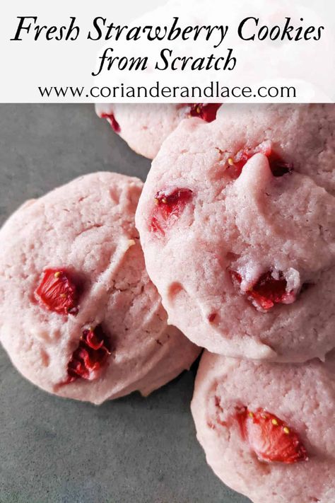 These tasty, fresh strawberry cookies have the perfect fluffy and tender cake texture and are studded throughout with real strawberries.