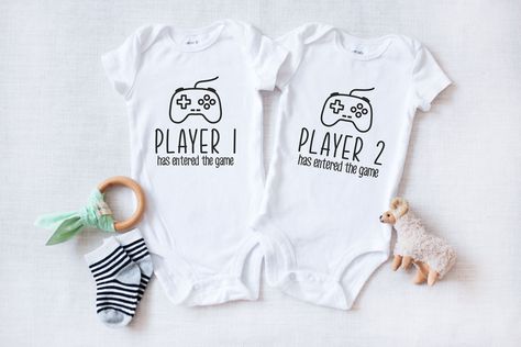 "** Quick Sizing Tip ** Onesies are printed on Gerber organic. These tend to run small so we recommend sizing up if you are on the fence. Toddler shirts are true to size. 📋 HOW TO ORDER: ✧ Choose onesie® or shirt size (sizing chart below) and sleeve length ✧ Select design color if applicable ✧ For personalized designs - enter customization in \"Add your personalization\" field ✧ ADD TO CART ✧ Select from our shipping class options (all items shipped next day!) * * * * * * * * * * * * * * * * * Mum Goals, Twin Pregnancy Reveal, Twin Clothes, Glowforge Aura, Twins Pregnancy, Twins Announcement, Twin Baby Clothes, Twin Onesies, Gerber Organic