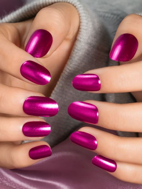 Hot Pink  Collar   Plain Color Nails Embellished   Beauty Tools Plain Color Nails, Metallic Nails Design, Dark Pink Nails, Summer Nails Art, Nail Art Inspo, Fashionable Nails, Inspiration Nails, Fake Nails Long, Plain Nails