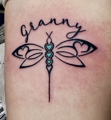 Memorial Dragonfly Tattoo For Women, Granny Tattoo Ideas, Nice Tatoos, Memorial Rocks, Grandma Tattoo, Dragonfly Symbolism, Dragonfly Tattoos, Small Dragonfly Tattoo, Purple Tattoos