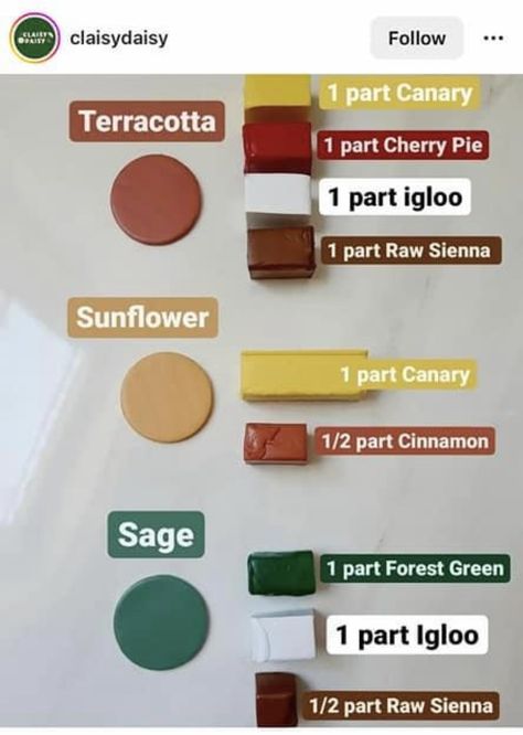 Mustard Yellow Clay Recipe, Mustard Color Polymer Clay Recipe, Terracotta Polymer Clay Recipe, Sage Green Clay Recipe, Sculpy Clay Color Mixing, Polymer Clay Mixing Colors, Free Clay Color Recipes, Green Polymer Clay Recipe, Polymer Clay Colour Recipes