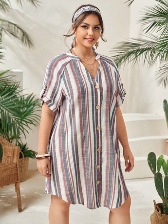 Multicolorido Casual Collar Manga Curta Tecido Listrado Camisa Embellished Não elástico Verão Summer Dresses Tutorial, Summer Plus Size Dresses, Plus Size Shirt Dress, Casual Dresses Plus Size, Plus Size Summer Outfits, Kurti Neck Designs, Lantern Sleeve Dress, Cotton Dress Summer, Latest African Fashion Dresses