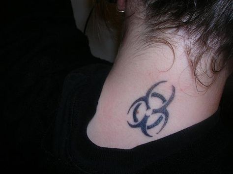 biohazard on the back of my neck., tattoos Radioactive Symbol Tattoo, Tattoo Back Of Neck, Radioactive Symbol, Tattoo Back, Symbol Tattoo, Neck Tattoos, Symbol Tattoos, Back Tattoo, Print Tattoos