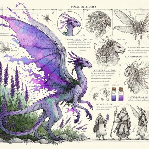 Page 25 - 28: "Manifestations of Lavender" #aiart #aiartwork #aiartcommunity #aisketch #aiconceptart #fantasy #fantasycreature #fieldguide #beastiary #lavender #dragon #nature #elf #hippogriff #fantasybeast #forest Faerie Dragon Dnd, Fae Monster, Mythical Sketches, Fae Dragon, Nature Elf, Lavender Dragon, Mystical Creatures Mythology, Dragon Hybrid, Princess Sketches