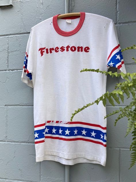 1970s 80s Firestone Graphic Ringer T Shirt Firestone Logo, Vintage Graphic T Shirt, Belted Jacket, New Pant, Vintage Graphic, Stars And Stripes, Vintage Graphics, Red White Blue, Flannel Shirt