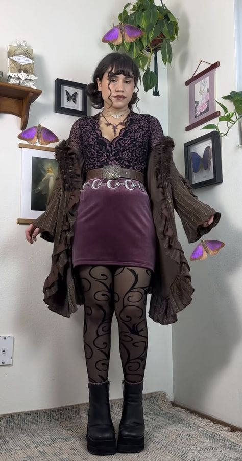 Whimsigoth Dark Academia, Muted Purple Outfit, Plus Size Whimsy Goth, Whimsical Goth Aesthetic Outfits, Eclectic Fashion Aesthetic, Whimsy Goth Fashion, Hippy Goth Outfits, Winter Whimsigoth Outfits, Boho Goth Outfits