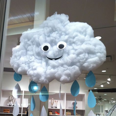 ...jcrew window display...will recreate to talk about cumulus/stratus/cirrus clouds... Proud Cloud Display, Cloud Classroom Theme, Weather Decorations, Cloud Craft, School Board Decoration, Weather Theme, Preschool Classroom Decor, Rainy Day Crafts, Hand Crafts For Kids