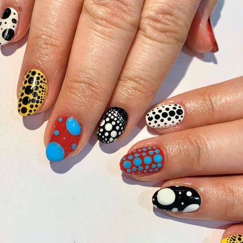 40 Unique Polka Dot Nail Art Designs - K4 Fashion Yayoi Kusama Inspired Nails, Yayoi Kusama Nail Art, Yayoi Kusama Nails, Dot Gel Nails, Short Maximalist Nails, How To Do Nail Art, Dotted Nail Art, Polka Dot Nail Art Designs, Polka Dots Nails