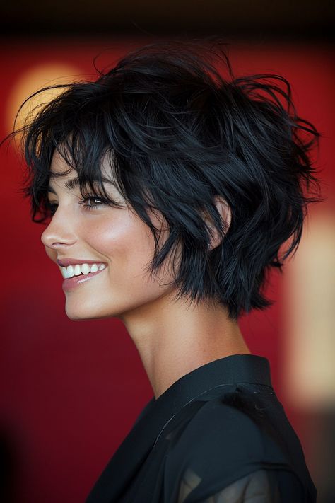 7. Smoky Black Tousled Pixie (Choppy Pixie Cuts) - Choppy Pixie Cuts Piecey Haircut, Tousled Pixie, Curled Pixie, Choppy Pixie, Brown Pixie Cut, Black Pixie, Brunette Pixie, Choppy Pixie Cut, Short Hair Cuts For Round Faces