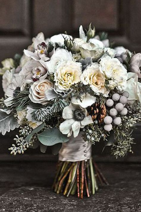 Winter Wedding Flowers: 23 Winter Wedding Bouquets - hitched.co.uk Christmas Wedding Bouquets, Winter Bridal Bouquets, Wedding Flower Ideas, Winter Wedding Centerpieces, Flowers Winter, Flower Wedding Ring, Winter Centerpieces, Metallic Wedding, Rustic Winter Wedding