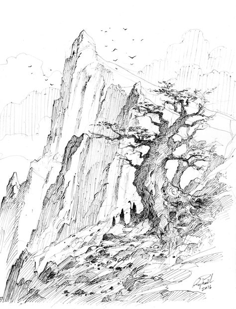 ArtStation - Mystic Trees, Raphael Lacoste Mountain Sketch, Environment Sketch, Mountain Drawing, Tree Sketches, Landscape Sketch, 흑백 그림, Traditional Artwork, Urban Sketchers, Poses References