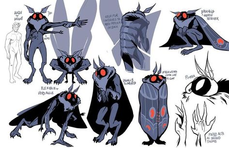 Made Up Creatures Drawing, Moth Man Character Design, Character Sheet Inspiration, Mothman Concept Art, Spidersona Character Sheet, Cryptid Fanart, Mothman Character Design, Mothman Dnd, Moth Man Drawing