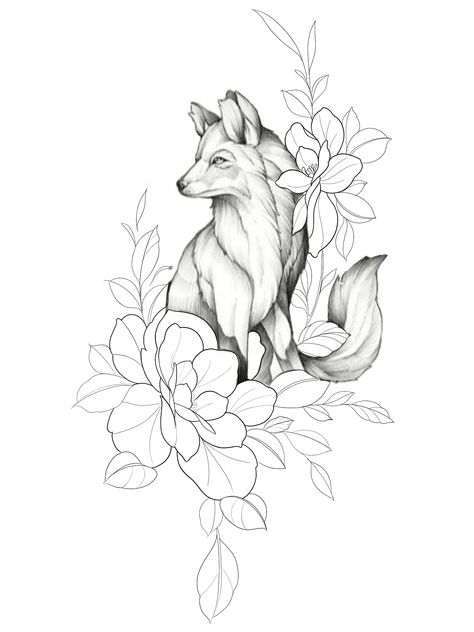 Fox And Flowers Drawing, Wolf With Flowers Drawing, Fox With Flowers Drawing, Fox And Cherry Blossom Tattoo, Sitting Wolf Tattoo, Flora And Fauna Drawings, Fox And Flowers Tattoo, Fox With Flowers, Hercules Tattoo