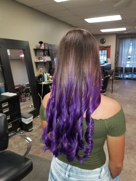 Long Brown Hair With Purple Tips, Purple Balyage Long Hair, Dyed Ends Of Hair, Purple Brown Hair, Purple Balayage, Balayage Long Hair, Purple Tips, Dip Dye Hair, Brown Hair Dye