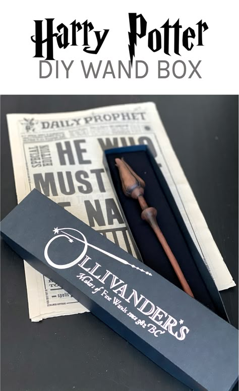 I can't imagine a more perfect party favor for a Harry Potter birthday party than a wand. These DIY Ollivander's wand boxes are a great way to present your wands to your guest witches and wizards, who will feel like they've just gone shopping at Ollivander's shop in Diagon Alley. Head over to my blog for step by step directions for making these wand boxes from Harry Potter. Harry Potter Wand Box Diy, Diy Ollivanders Wand Shop, Ollivanders Wand Box Printable, Wand Boxes Diy, Olivanders Wand Box Printable, Diagon Alley Party, Ollivanders Wand Shop Printable, Olivanders Wand Shop Sign, Wand Box Template