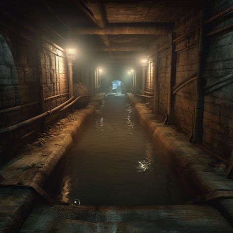 Fantasy Sewers Art, Sewer Fantasy Art, Underground Hideout Concept Art, Sewers Aesthetic, Sewer Illustration, Sewer Aesthetic, Sewer Drawing, Dnd Sewer, Dungeon Interior