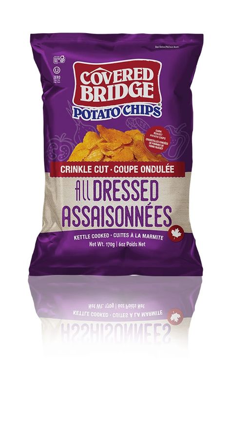 The flavor we’ve been missing, All Dressed. nThis smorgasbord-style snack has many of our delicious flavors all rolled into one chip and to top off we made them Crinkle Cut. nThese chips will leave your taste buds wondering what just hit them, get yours today. Kettle Chips, Covered Bridge, Russet Potatoes, Saint John, River Valley, Canola Oil, New Brunswick, Covered Bridges, Big Bags