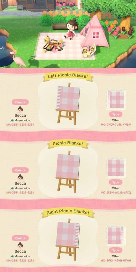 Path Codes Acnh, Animal Crossing Island Aesthetic, Acnh Island Decor, Farmcore Acnh, Acnh Wallpaper Designs, Picnic Blanket Pattern, Animal Crossing Cafe, Codes Acnh, Pink Cottagecore