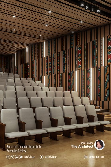 The auditorium features designs with an ethnic local craft finish. This architectural finishing creates a sense of identity and celebrates local culture. #craft #local #ethnic #handcrafted #artsandcrafts #auditorium #localproduct #localartists #crafted #locallysourced #ethnicstyle #localph #supportlocalart #ethniclove #localcraft #localdesigners #localtourism #traditional #stage #supportlocal #style #archilife #rehearsals #crafters #architecturestudio #philippines #architect #filipino Auditorium Design Interiors, Auditorium Interior Design, Modern Filipino Architecture, Auditorium Interior, Modern Filipino Interior, Boho Architecture, Filipino Interior, Filipino Interior Design, Auditorium Architecture