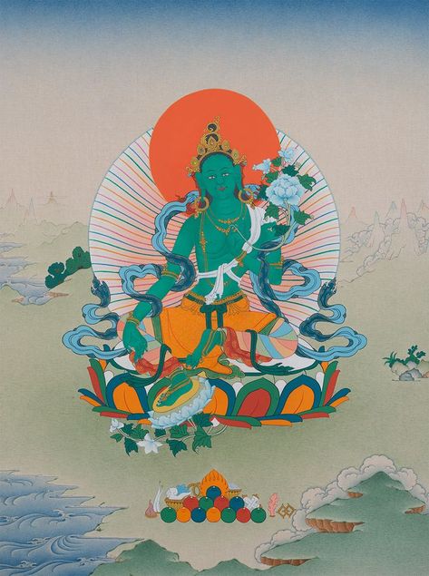 Green Tara is often known as the great liberator who rescues beings from the eight great fears aroused by elephants, lions, snakes, robbers, fire, water, demons, and government. The Mother Green Tara is one of the principal deities who deal with confused and distracted beings, bringing us back to the original state. White Tara, Amitabha Buddha, Dharma Wheel, Maitreya Buddha, Green Tara, Wheel Of Life, The Buddha, Tibetan Buddhism, Buddhist Art