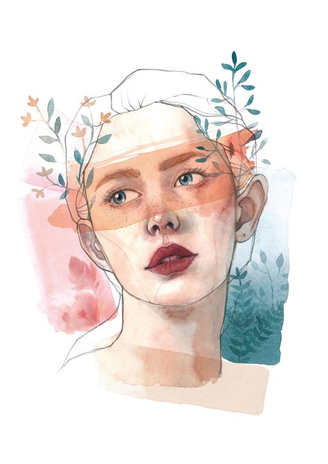 Illustrated Portrait in Watercolor - my 2 portraits | Domestika Cool Portraits Drawing, Watercolor And Sketch, Procreate Watercolor Portrait, Ink And Watercolor Portrait, Digital Watercolor Portrait, Watercolor Portrait Painting Faces Tutorial, Portrait Styles Drawing, Faces Watercolor Painting, Watercolour Self Portrait