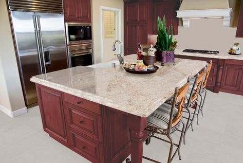 Best granite colors for cherry cabinets Countertop And Backsplash Ideas, Kitchen Countertops Granite Colors, Cherry Kitchen Cabinets, Person Cooking, Brown Granite Countertops, Best Kitchen Countertops, Raised Ranch, Kitchen Tiles Design, Cherry Kitchen