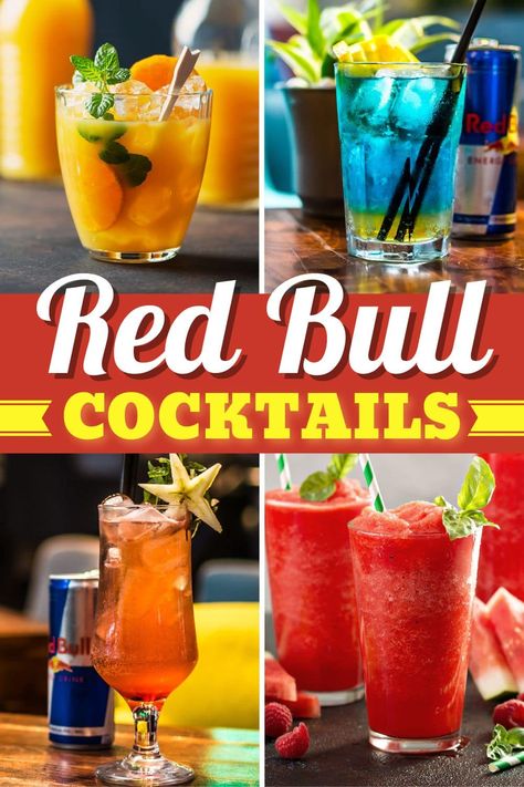 These Red Bull cocktails are so good and so simple! From a bull rider to Jager bombs to mojitos, you'll flip for these easy mixed drinks. Red Bull Cocktails, Drink Recipes Vodka, Vodka Redbull, Red Juice Recipe, Mixed Drink Recipes, Red Bull Drinks, Vodka Red, Bomb Drinks, Vodka Alcohol