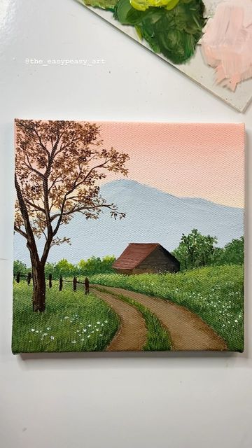 Painting Idea Landscape, Nature Scene Painting Easy, Natural Painting Ideas, Beginner Scenery Painting, Painting Ideas Nature Acrylic, Painting In Canvas Ideas, Painting Ideas Of Nature, Cute Paintings Nature, Easy Acrylic Landscape Painting Ideas