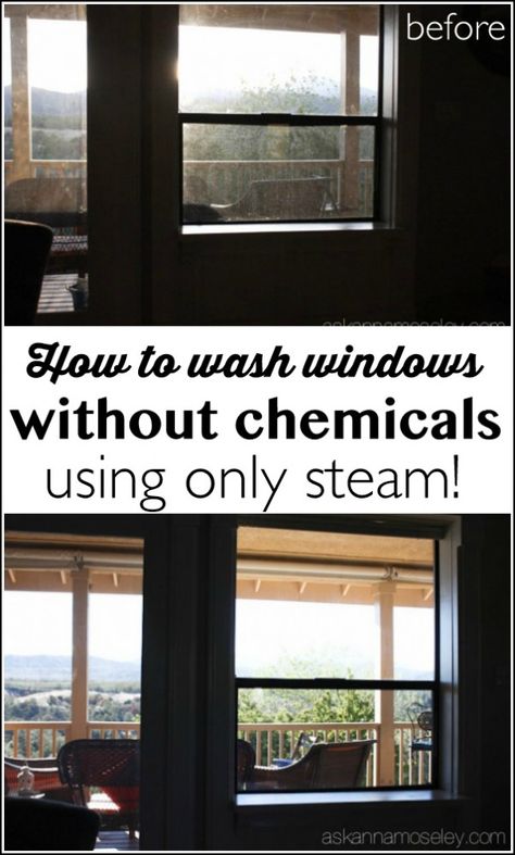 How to wash windows without chemicals, using only steam. You'll be amazed at how quick and easy it is to clean your windows now! | Ask Anna How To Wash Windows, Wash Windows, Stairway Photos, Clean Windows, Hard Water Stain Remover, Fall Cleaning, Washing Windows, Steam Cleaner, Toilet Bowl Cleaner