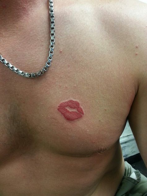 My lips tattooed on my husband's chest/heart! Forever kisses! Couples Chest Tattoos, Kiss Tattoo Ideas Men, Lip Tattoos Men, Red Lips Tattoo Men, Kiss Tattoo On Chest, Lip Tattoo Ideas Kisses Men, Kiss Mark Tattoo Men, Lip Tattoo On Neck Men, Lip Tattoo On Neck