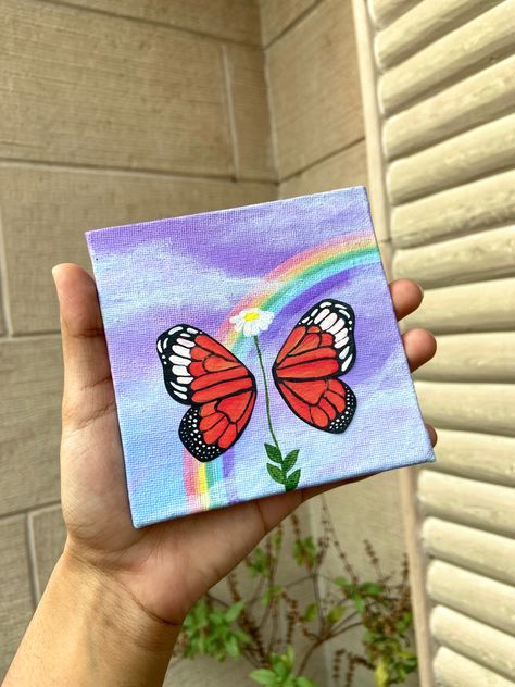 Butterflies Canvas Painting, Rainbow Art Painting Acrylics, Rainbow Butterfly Painting, Rainbow Drawing Aesthetic, Aesthetic Butterfly Painting, Rainbow Art Aesthetic, Easy Butterfly Painting, Butterfly Drawing Aesthetic, Jisoo Birthday