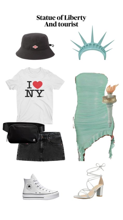 #nyc #statueofliberty #halloween #costume New York And Tourist Costume, Tourist And Statue Of Liberty Halloween Costume, Nyc Tourist Costume, Nyc Costume Ideas, State Of Liberty Costume, New York Tourist Costume, Nyc Tourist Halloween Costume, Nyc Halloween Costumes, Statue Of Liberty Halloween Costume