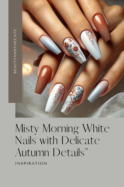 Channel the peaceful vibe of a misty morning with these elegant white nails. Featuring soft autumn-themed designs, this look combines simplicity and detail for a serene, nature-inspired manicure. Perfect for the transition into fall or for those who love understated, elegant nail art. #WhiteNails #AutumnNails #NatureNails #MistyMorningNails White Nails With Fall Designs, White Nails Fall Design, White Fall Nail Designs, Elegant White Nails, Elegant Nail, Elegant Nail Art, Serene Nature, White French Tip, Misty Morning