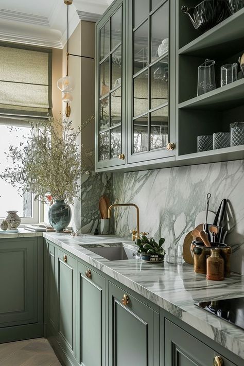 Refresh Your Kitchen With Green Cabinets — Suite Minded Organic Modern Green Kitchen, Forest Kitchen Theme, Green Kitchen Cottage Core, Green Themed Kitchen, Green Aesthetic Interior Design, Green Aesthetic Kitchen, Forest Green Cabinets, Moss Green Kitchen, Green And Grey Kitchen