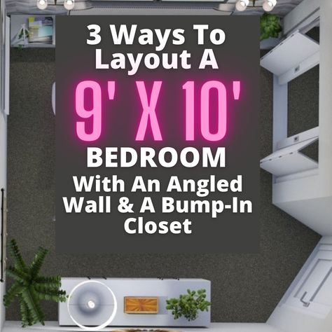 10x10 Bedroom Layout Full Bed, Small Room Queen Bed, Angled Bedroom, Bedroom Layouts For Small Rooms, Small Bedroom Hacks, Small Room Layouts, Guess Room, Angled Wall, Bedroom Ideas Modern