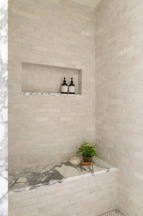 Blue Ridge Beauty — Jessica Nelson Design Shower Niche Over Bench, Zellige Shower Niche, Shower Bench Tile, Shower Zellige, Marble Shower Niche, Doorless Showers Walk In, Shower Niche Tile Ideas, White Bathroom Remodel, Shower Niche Ideas