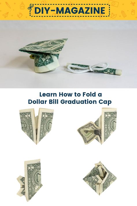 Create a mortarboard and diploma from two dollar bills! Money Folding Graduation Cap, Graduation Cap Origami Dollar Bills, How To Fold A Dollar Bill Into A Graduation Cap, Oragami Money Graduation, Ways To Fold A Dollar Bill, Graduation Cap Money Origami, Ways To Fold Money For Gifts, Graduation Origami, Money Flowers Diy Dollar Bills