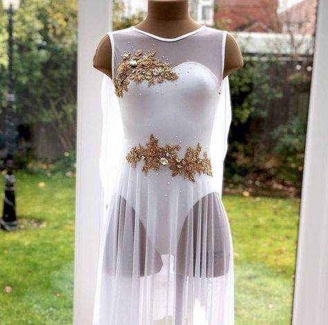 White And Gold Lyrical Dance Costumes, Contemporary Outfits Dance, White Dance Costumes, Contemporary Dance Outfits, Solo Dance Costumes, Cute Dance Costumes, Pretty Dance Costumes, Royalty Dress, White Dance