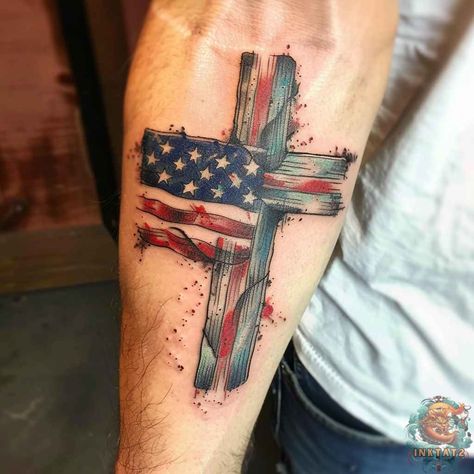 Dynamic American flag cross tattoo with vivid colors and bold outlines, perfect for making a powerful statement. This design is a must-see for anyone looking for impactful and meaningful ink. Head to inktat2.com for more inspiration and to book your session. Save this pin for later! Betsy Ross Flag Tattoos, Small American Flag Tattoo, America Tattoo For Women, Flag Tattoo For Women, American Flag Tattoos For Women, American Flag Tattoos For Guys, Patriot Tattoo, American Flag Tattoos, American Flag Cross