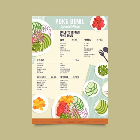 Poke Bowl Menu Design, Poke Bowl Menu, Shrimp Zucchini Noodles, Chili Fries, Healthy Restaurant Food, Marinated Salmon, Recipe Book Templates, Healthy Food Menu, Food Menu Template