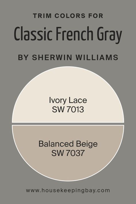 What are the Trim colors of Classic French Gray SW 0077 by Sherwin Williams? Classic Gray Sherwin Williams, Sw Classic French Gray, French Paint Colors, Balanced Beige, Sherwin Williams Gray, Color Combinations Paint, French Gray, Trim Colors, Two Tone Paint