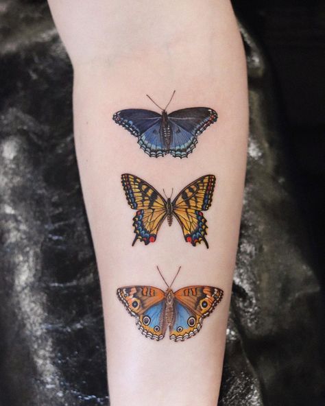 Butterfly Tattoo In Color, Colorful Moth Tattoo, Colourful Butterfly Tattoo, Moth Tattoo Color, Colored Butterfly Tattoo, Color Butterfly Tattoo, Butterfly Tattoo Color, January Tattoo, Footprint Butterfly