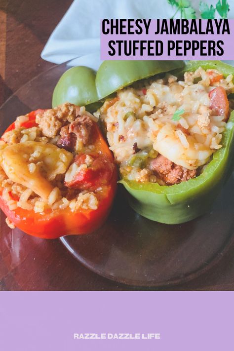 If you’ve been following our dinner adventures over here at Razzle Dazzle Life, you would understand that we LOVE to explore in the kitchen. These cheesy jambalaya stuffed peppers came about off of that exploration. Stuffed peppers are already a fun way to eat your veggies, and the pepper adds another dimension of flavor. Jambalaya Stuffed Peppers, Jambalaya Stuffed Bell Peppers, Stuffed Veggies, Jambalaya Recipe, Louisiana Recipes, Tasty Healthy, Andouille, Another Dimension, Razzle Dazzle