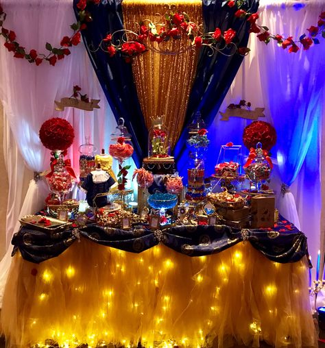 Beauty and The Beast inspired Candy Table. Beauty And The Beast Quinceanera Dessert Table, Beauty And The Beast Quinceanera Tables, Beauty And The Beast Sweet 16 Cake, Beauty And The Beast Theme Prom, Prom Candy Table Ideas, Beauty And The Beast Candy Table, Beauty And The Beast Desserts Table, Beauty And The Beast Quinceanera Ideas, Bueaty And The Beast Quinceanera Theme