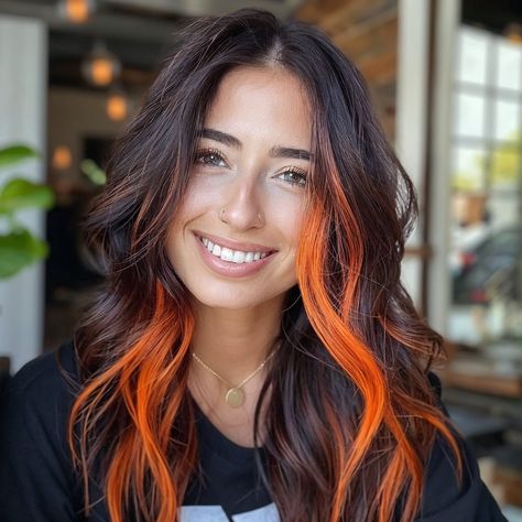 Black And Color Highlights, Blonde Brown Orange Hair, Dark Hair Orange Money Piece, Black And Orange Highlights, Dark And Orange Hair, Orange And Black Ombre Hair, Halo Vivid Hair Color, Orange Money Piece Hair Brunette, Dimensional Vivid Hair