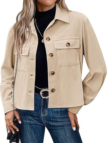 Zeagoo Cropped Jacket Cute Tops for Women Shacket Corduroy Button Down Shirts Long Sleeve Fall Blouse Tops at Amazon Women’s Clothing store Fall Outerwear Women, Shirts Trendy, Fall Outerwear, Corduroy Coat, Corduroy Shirt, Women's Button Down Shirt, Tops Long Sleeve, Casual Vest, Fashion Fall